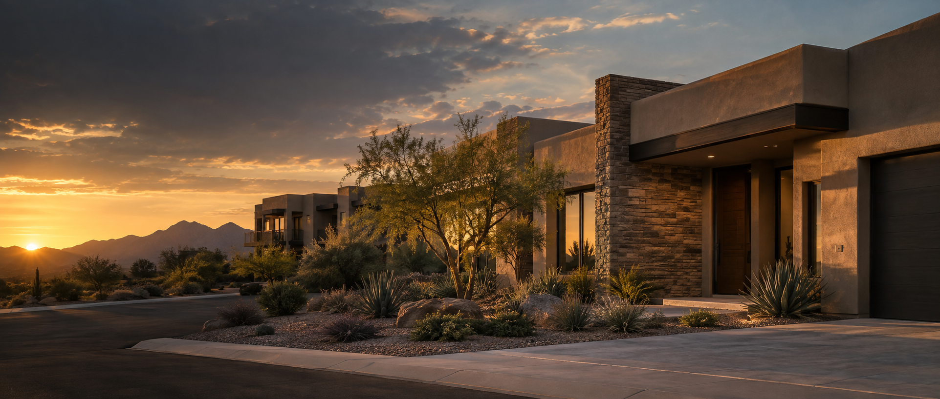 Concept rendering of contemporary Arizona homes at sunset
